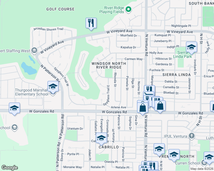 map of restaurants, bars, coffee shops, grocery stores, and more near 2101 Cold Stream Court in Oxnard