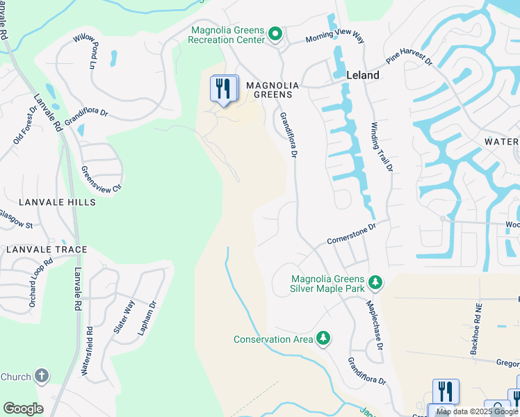 map of restaurants, bars, coffee shops, grocery stores, and more near 1104 Stanfield Court in Leland