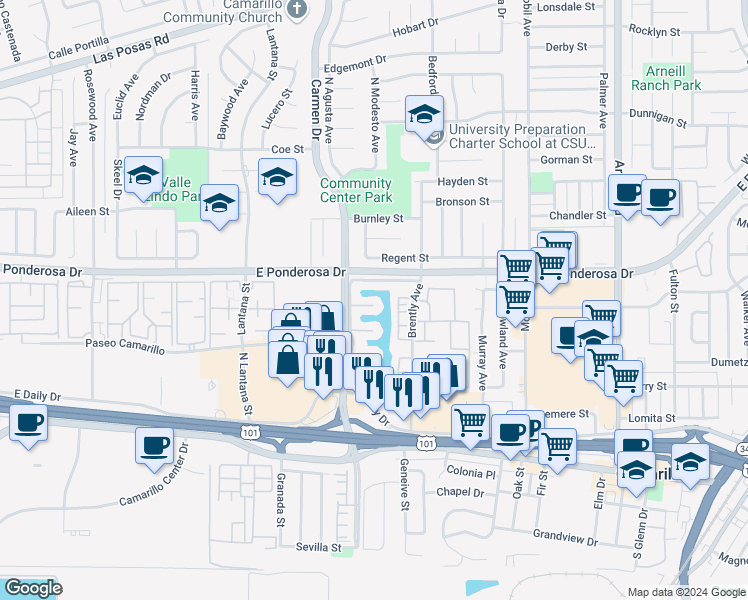 map of restaurants, bars, coffee shops, grocery stores, and more near 1675 Edgewater Lane in Camarillo