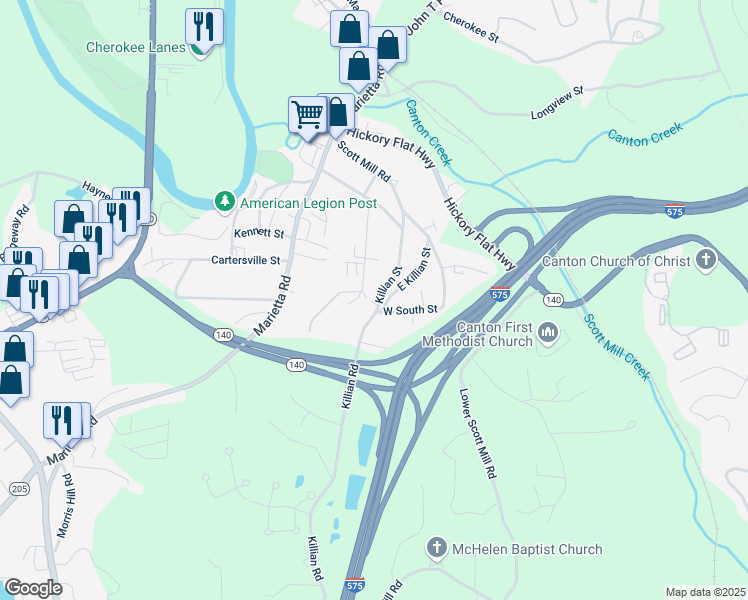 map of restaurants, bars, coffee shops, grocery stores, and more near 300 Killian Street in Canton