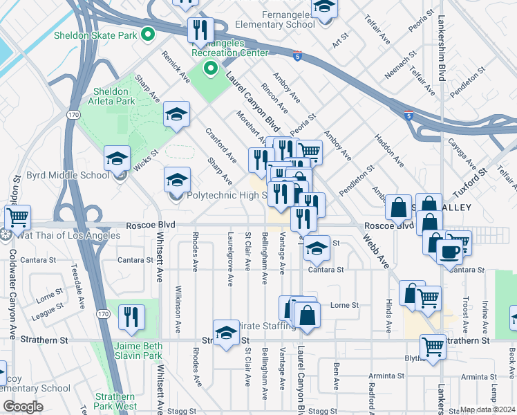 map of restaurants, bars, coffee shops, grocery stores, and more near 8339 Bellingham Avenue in Los Angeles