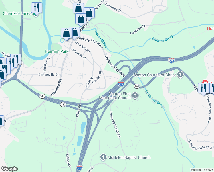map of restaurants, bars, coffee shops, grocery stores, and more near 641 Scott Mill Road in Canton