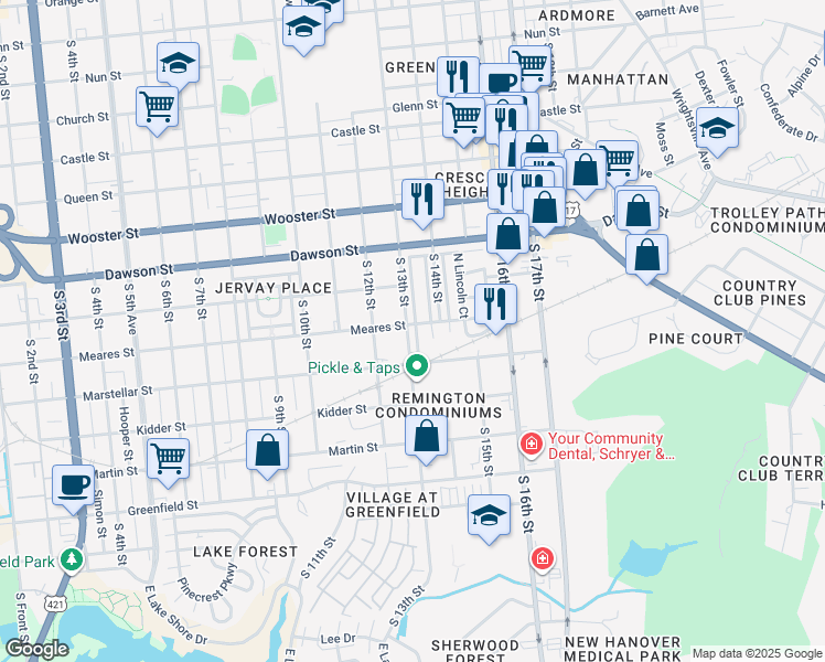 map of restaurants, bars, coffee shops, grocery stores, and more near 1103 South 13th Street in Wilmington
