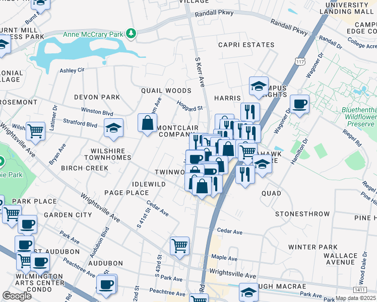 map of restaurants, bars, coffee shops, grocery stores, and more near 712 Varsity Drive in Wilmington