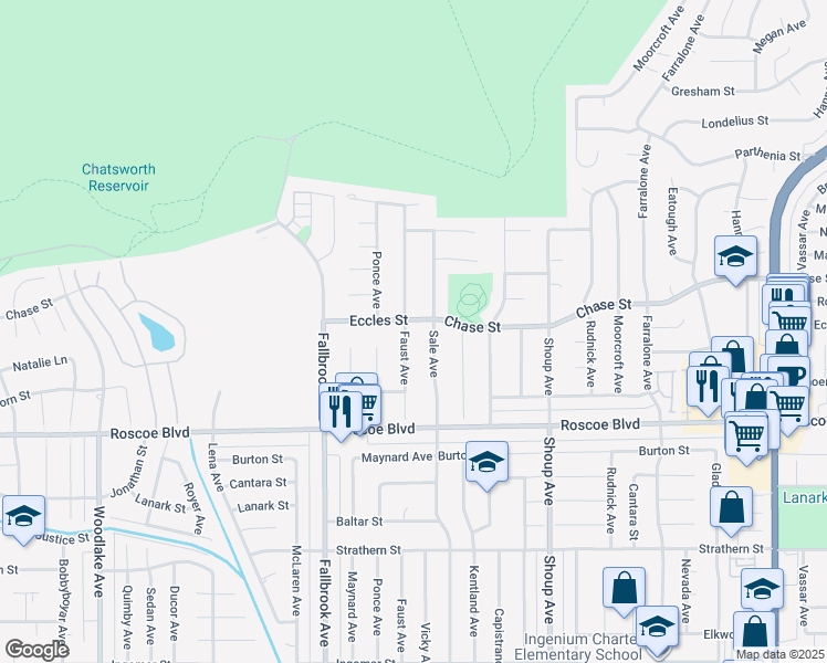 map of restaurants, bars, coffee shops, grocery stores, and more near 8386 Faust Avenue in Los Angeles