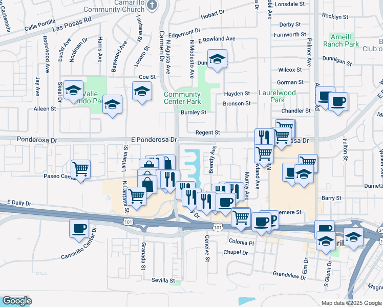 map of restaurants, bars, coffee shops, grocery stores, and more near 1675 Edgewater Lane in Camarillo