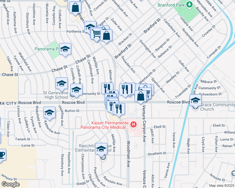 map of restaurants, bars, coffee shops, grocery stores, and more near 13736 Community Street in Los Angeles