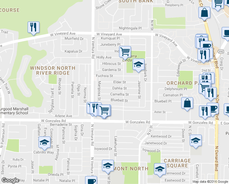map of restaurants, bars, coffee shops, grocery stores, and more near 1241 Camellia Street in Oxnard