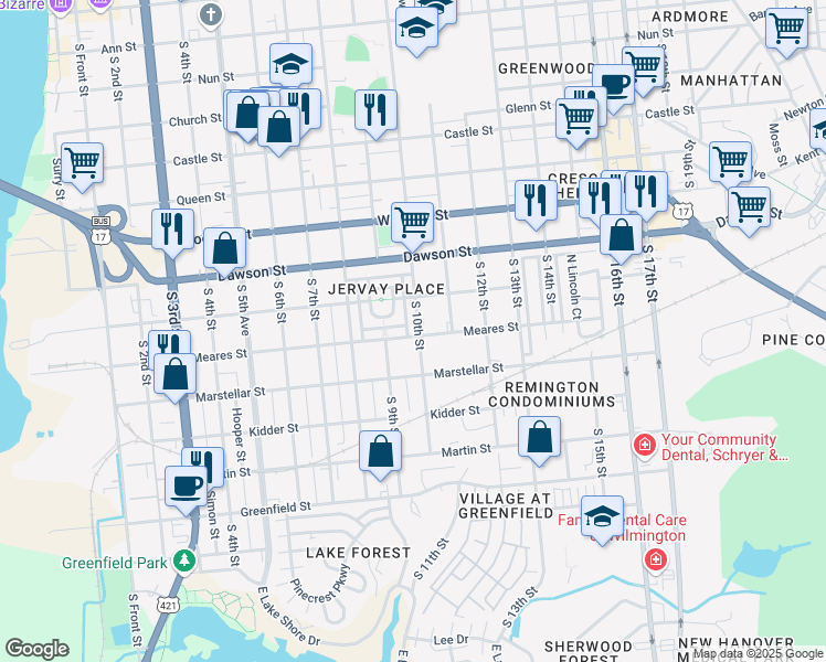 map of restaurants, bars, coffee shops, grocery stores, and more near 1036 South 10th Street in Wilmington