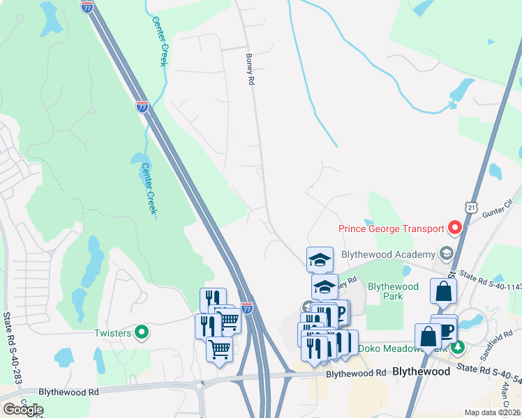 map of restaurants, bars, coffee shops, grocery stores, and more near 269 Boney Road in Blythewood