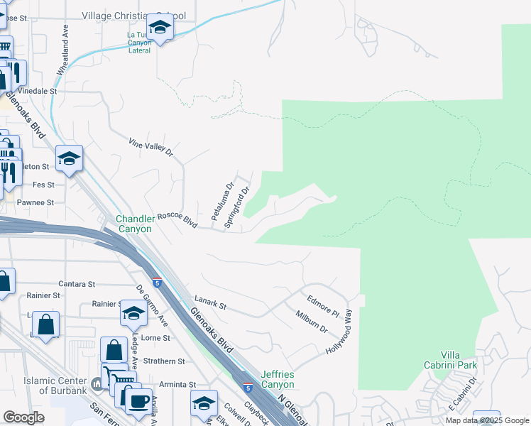 map of restaurants, bars, coffee shops, grocery stores, and more near 10031 Roscoe Boulevard in Los Angeles