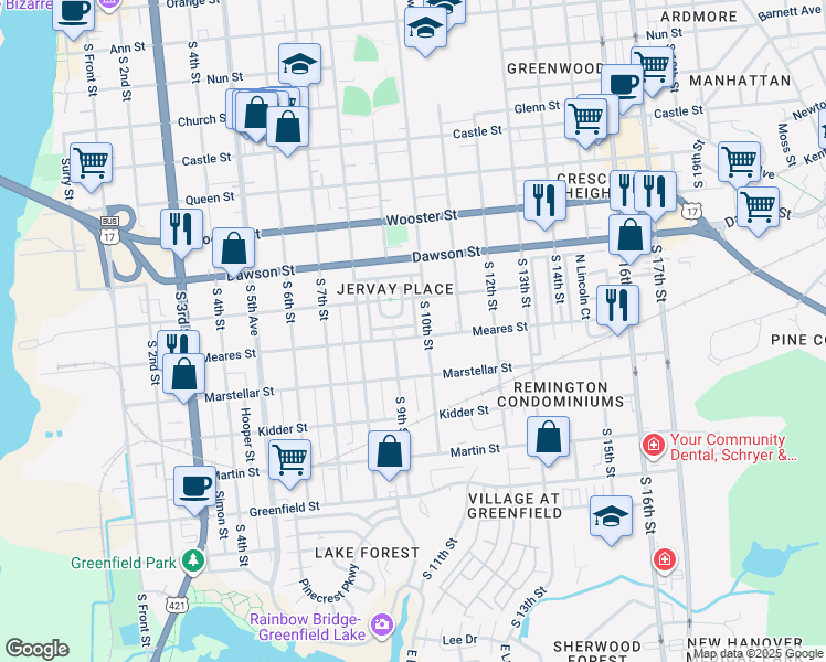 map of restaurants, bars, coffee shops, grocery stores, and more near 917 Meares Street in Wilmington