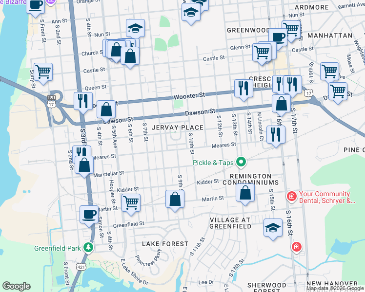 map of restaurants, bars, coffee shops, grocery stores, and more near 1036 South 10th Street in Wilmington