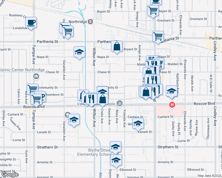 map of restaurants, bars, coffee shops, grocery stores, and more near 18756 Community Street in Los Angeles