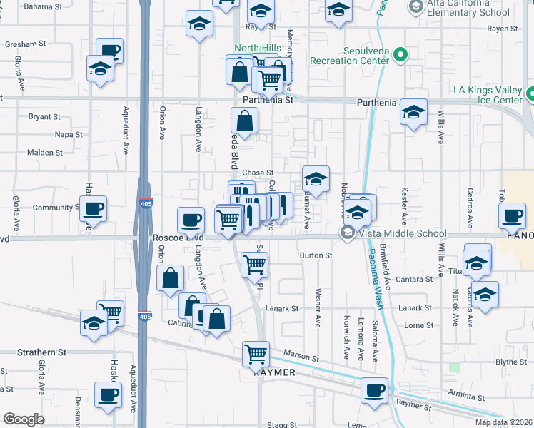 map of restaurants, bars, coffee shops, grocery stores, and more near 8333 Columbus Avenue in Los Angeles