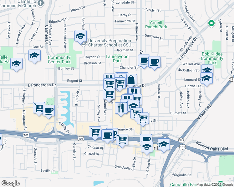map of restaurants, bars, coffee shops, grocery stores, and more near 596 Mobil Avenue in Camarillo