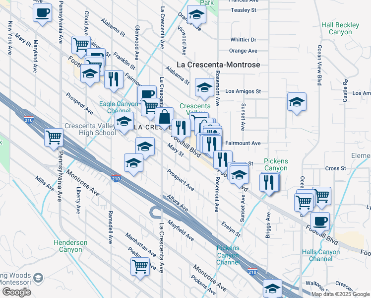map of restaurants, bars, coffee shops, grocery stores, and more near in La Crescenta-Montrose