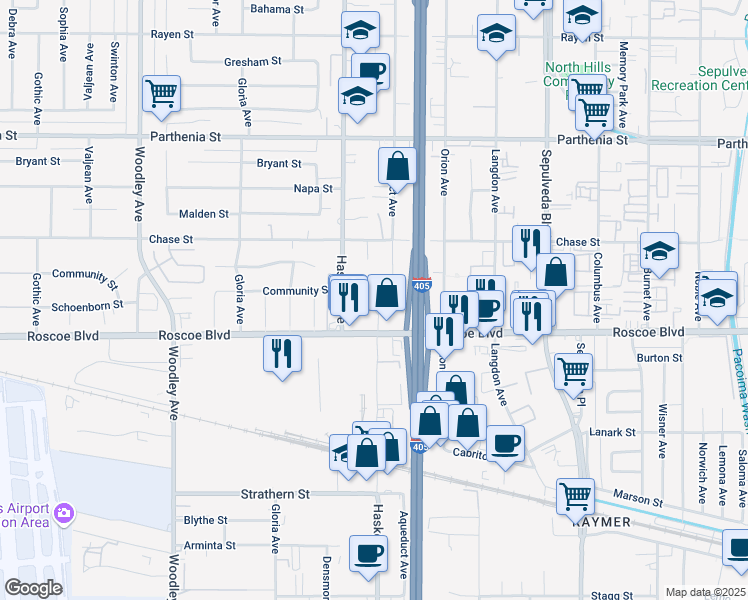 map of restaurants, bars, coffee shops, grocery stores, and more near 15711 Roscoe Boulevard in Los Angeles