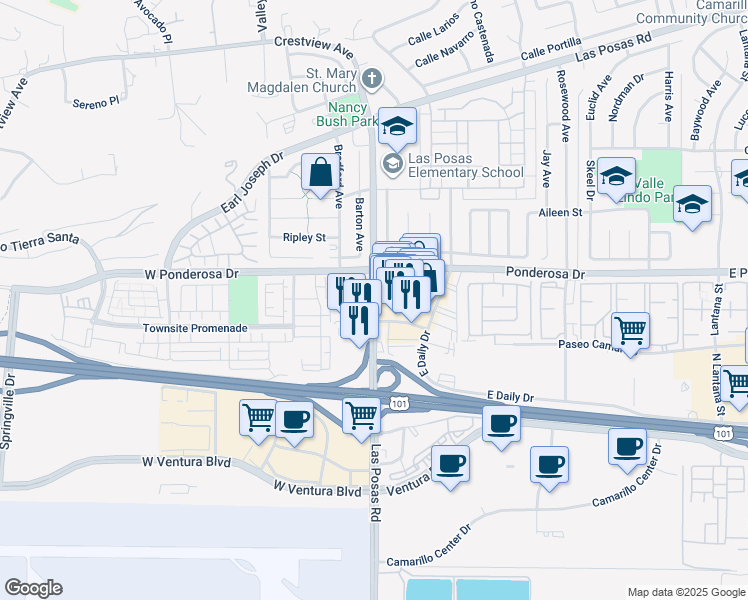 map of restaurants, bars, coffee shops, grocery stores, and more near in Camarillo