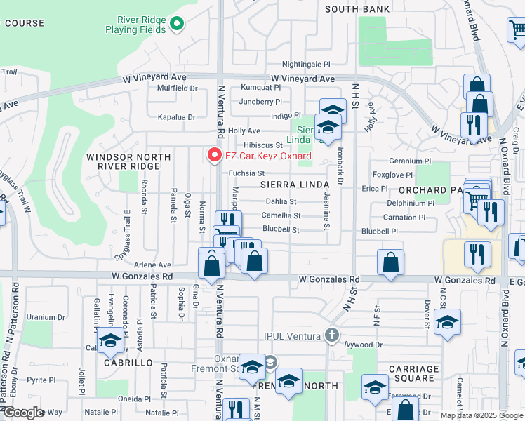 map of restaurants, bars, coffee shops, grocery stores, and more near 1241 Camellia Street in Oxnard