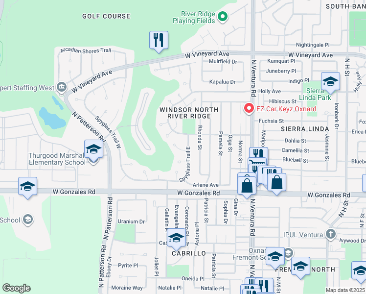 map of restaurants, bars, coffee shops, grocery stores, and more near 2111 Cold Stream Court in Oxnard