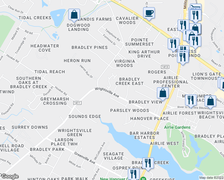map of restaurants, bars, coffee shops, grocery stores, and more near 6225 Wrightsville Avenue in Wilmington