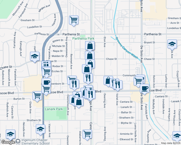 map of restaurants, bars, coffee shops, grocery stores, and more near 8417 Canoga Avenue in Los Angeles