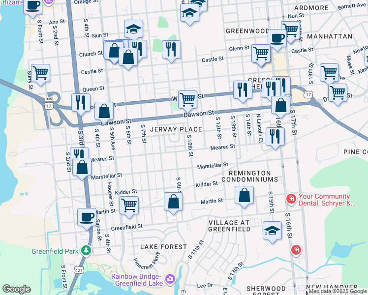 map of restaurants, bars, coffee shops, grocery stores, and more near 917 Meares Street in Wilmington