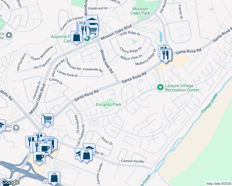 map of restaurants, bars, coffee shops, grocery stores, and more near 5140 Village 5 in Camarillo