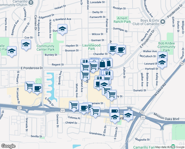 map of restaurants, bars, coffee shops, grocery stores, and more near 2105 Pickwick Drive in Camarillo