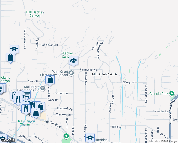 map of restaurants, bars, coffee shops, grocery stores, and more near 1734 Fairmount Avenue in La Cañada Flintridge