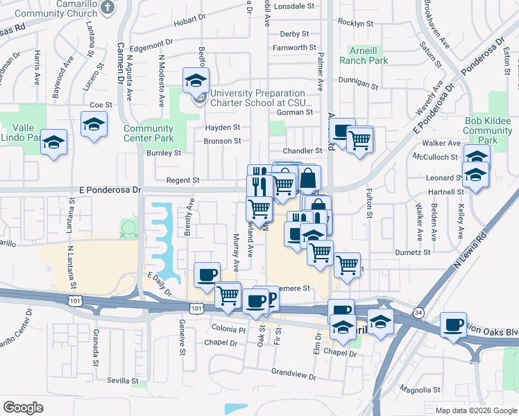 map of restaurants, bars, coffee shops, grocery stores, and more near 601 Mobil Avenue in Camarillo
