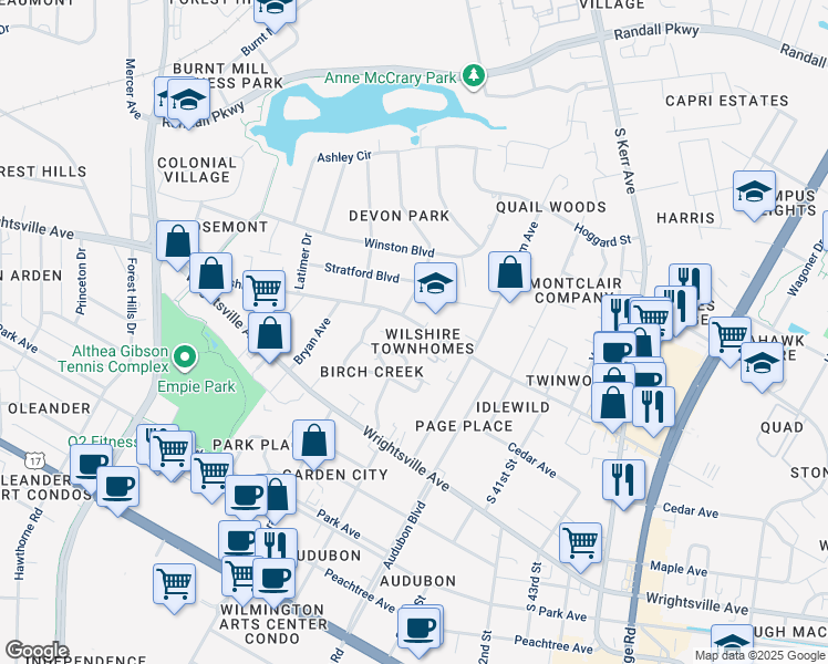 map of restaurants, bars, coffee shops, grocery stores, and more near 904 Downey Branch Lane in Wilmington
