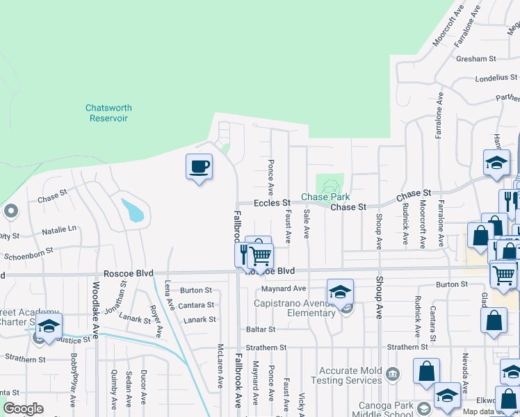 map of restaurants, bars, coffee shops, grocery stores, and more near 22726 Eccles Street in Los Angeles