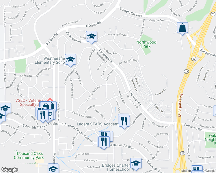 map of restaurants, bars, coffee shops, grocery stores, and more near 3124 Camino Del Zuro in Thousand Oaks
