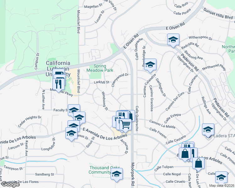 map of restaurants, bars, coffee shops, grocery stores, and more near 3191 Winter Brook Court in Thousand Oaks