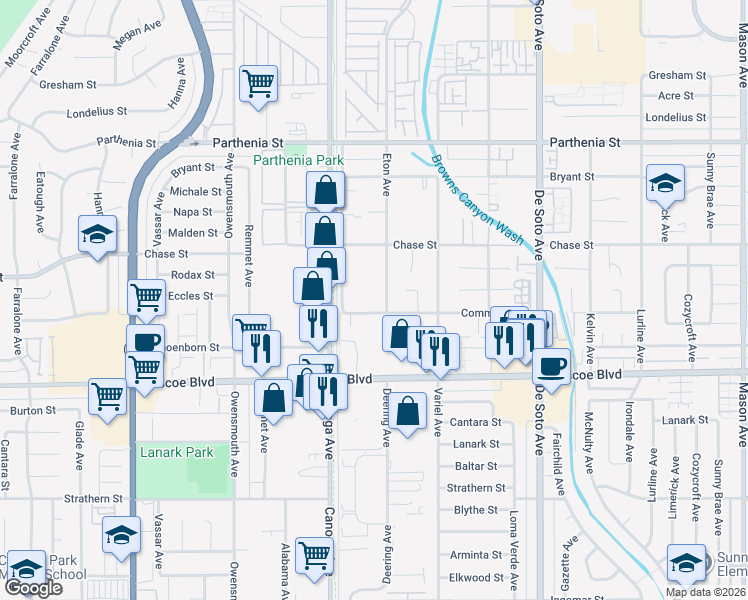 map of restaurants, bars, coffee shops, grocery stores, and more near 21315 Community Street in Los Angeles