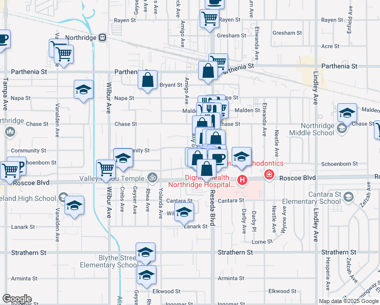 map of restaurants, bars, coffee shops, grocery stores, and more near 8363 Amigo Avenue in Los Angeles