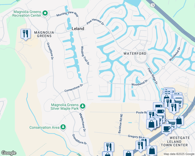 map of restaurants, bars, coffee shops, grocery stores, and more near 2009 Woodwind Drive in Leland