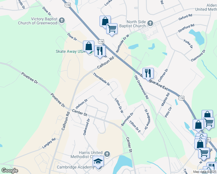 map of restaurants, bars, coffee shops, grocery stores, and more near 103 Thornblade Drive in Greenwood