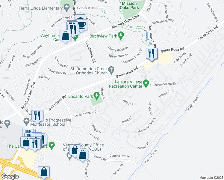 map of restaurants, bars, coffee shops, grocery stores, and more near 7315 Village 7 in Camarillo