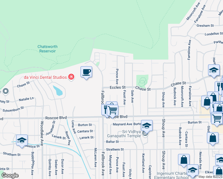 map of restaurants, bars, coffee shops, grocery stores, and more near 22726 Eccles Street in Los Angeles