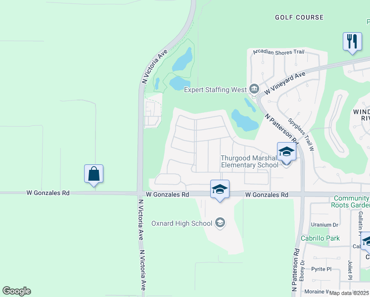 map of restaurants, bars, coffee shops, grocery stores, and more near 3647 Dry Creek Lane in Oxnard
