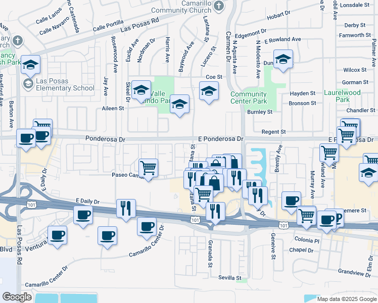 map of restaurants, bars, coffee shops, grocery stores, and more near 645 Lantana Street in Camarillo