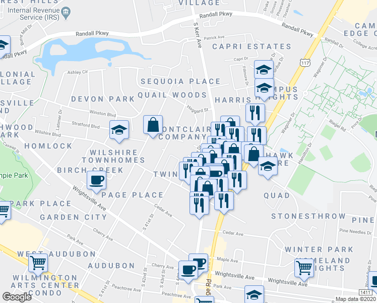 map of restaurants, bars, coffee shops, grocery stores, and more near 4106 Morton Court in Wilmington