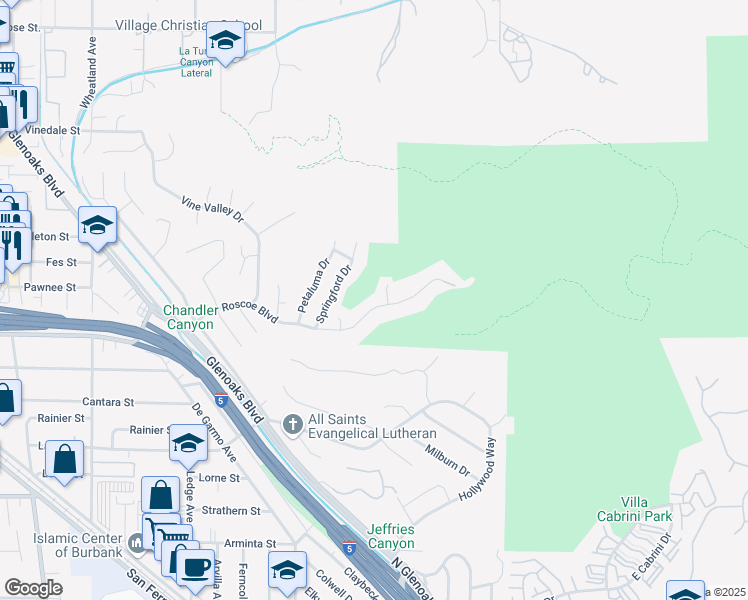map of restaurants, bars, coffee shops, grocery stores, and more near 10031 Roscoe Boulevard in Los Angeles