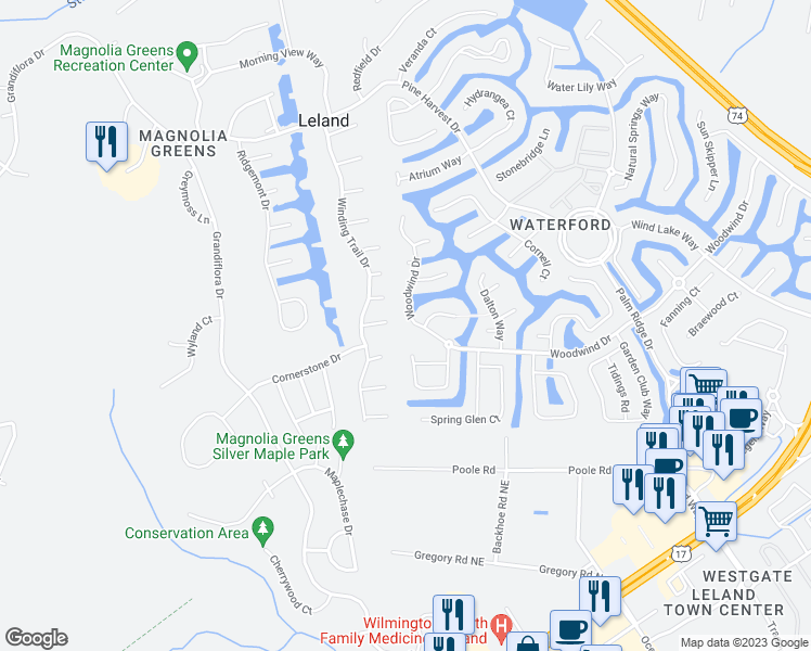 map of restaurants, bars, coffee shops, grocery stores, and more near 2009 Woodwind Drive in Leland