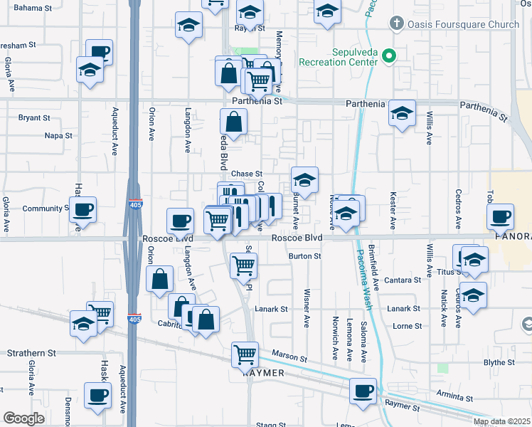 map of restaurants, bars, coffee shops, grocery stores, and more near 8340 Columbus Avenue in Los Angeles