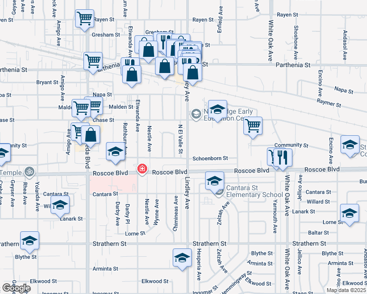 map of restaurants, bars, coffee shops, grocery stores, and more near 8363 Lindley Avenue in Los Angeles