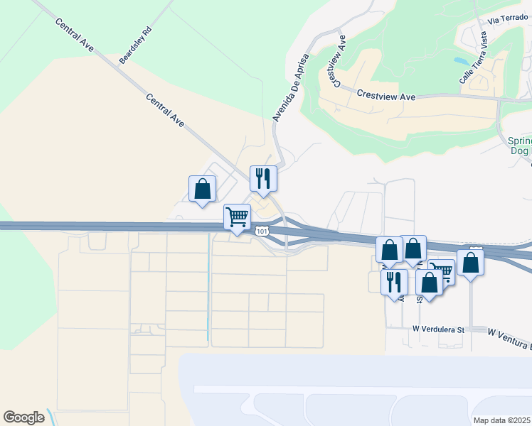 map of restaurants, bars, coffee shops, grocery stores, and more near 4444 Central Avenue in Camarillo